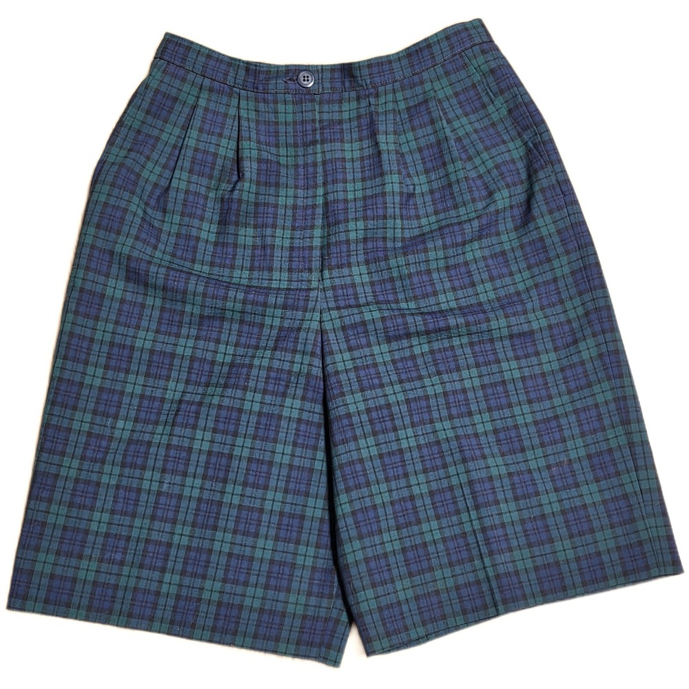Vintage Pendleton Plaid Wool Bermuda Shorts Women's‎ Size 10 Green Navy Pleated